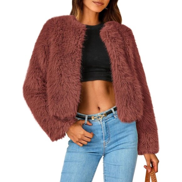 〽️Women's Rust Red PRETTYGARDEN Winter Cropped Faux Fur Warm Outerwear Jacket - Picture 1 of 8